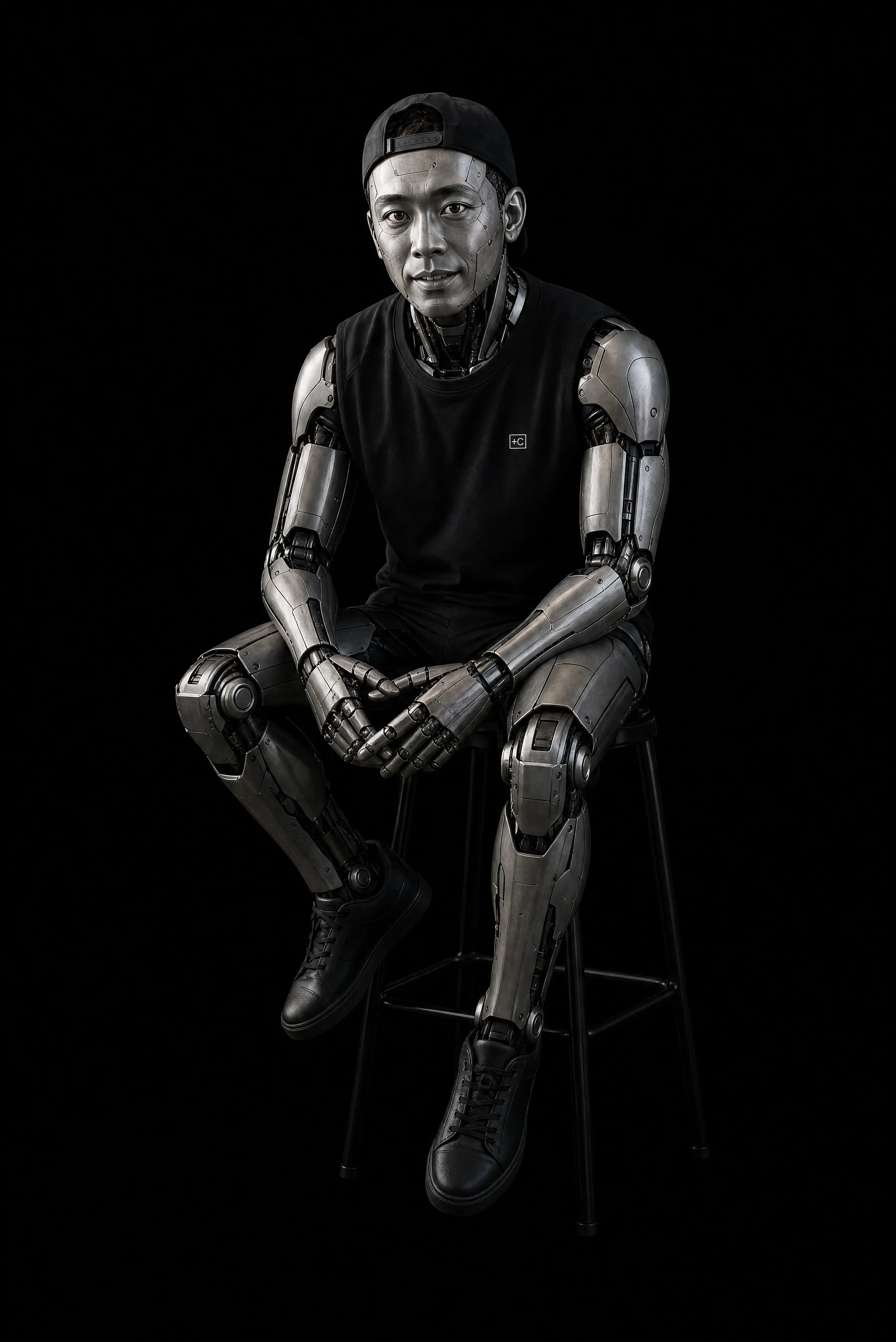 Interactive portrait of James Xi transitioning between human and AI form
